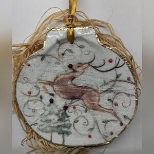 Decoupaged Large Shell Holiday Rudolph Ornament Trinket Dish Decor 5"
